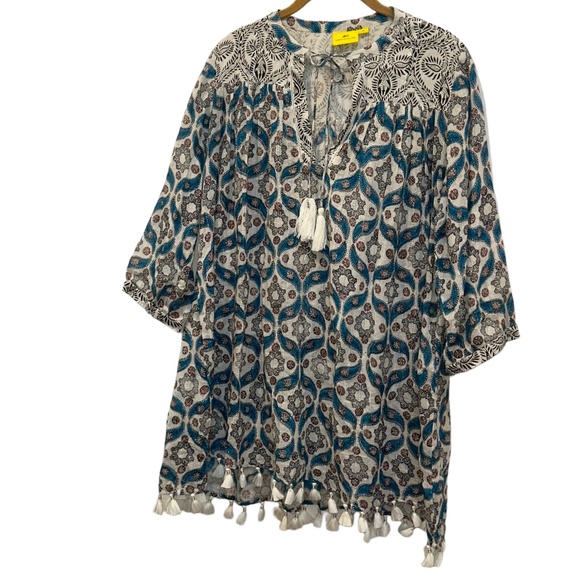 Roberta Roller Rabbit blue Moroccan Tile Indian Block Print tunic top XS - Picture 1 of 8